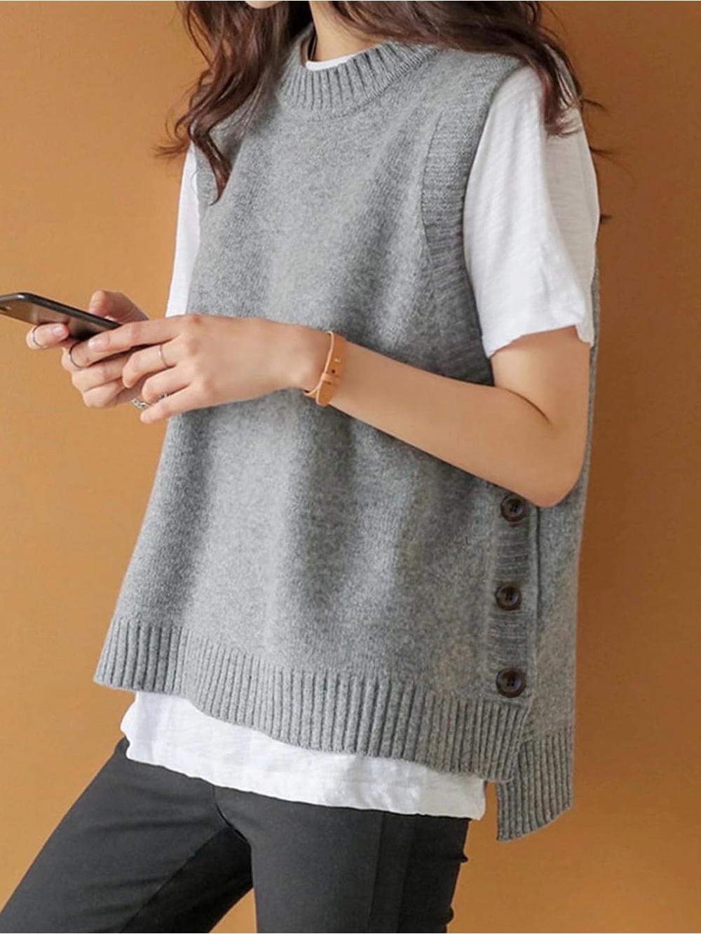 Sleeveless Side-Button V-Neck Sweater Vest Crew Neck Grey - Picture 2 of 7